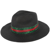 WIDE BRIM PAPER BRAID FEDORA HAT WITH RED AND GREEN RHINESTONE STRIPE