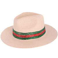 WIDE BRIM PAPER BRAID FEDORA HAT WITH RED AND GREEN RHINESTONE STRIPE