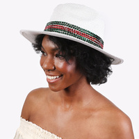 WIDE BRIM PAPER BRAID FEDORA HAT WITH RED AND GREEN RHINESTONE STRIPE
