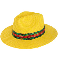 WIDE BRIM PAPER BRAID FEDORA HAT WITH RED AND GREEN RHINESTONE STRIPE