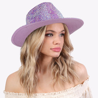 RHINESTONE STUDDED WIDE BRIM PAPER BRAID FEDORA HAT