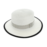 TWO-TONE CONTRAST TRIM PANAMA FEDORA PAPER BRAID HAT WITH CRYSTAL RHINESTONE BAND