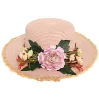 FLORAL FLAT WIDE BRIM STRAW HAT WITH FRAY EDGES
