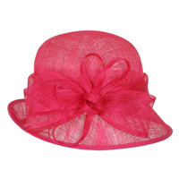 Small bucket sinamay hat w/ bow center and feather