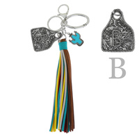 WESTERN MONOGRAM INITIAL COW TAG CACTUS CHARM MULTICOLOR SUEDE TASSEL KEY RING