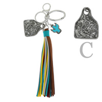 WESTERN MONOGRAM INITIAL COW TAG CACTUS CHARM MULTICOLOR SUEDE TASSEL KEY RING