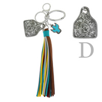 WESTERN MONOGRAM INITIAL COW TAG CACTUS CHARM MULTICOLOR SUEDE TASSEL KEY RING