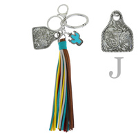 WESTERN MONOGRAM INITIAL COW TAG CACTUS CHARM MULTICOLOR SUEDE TASSEL KEY RING