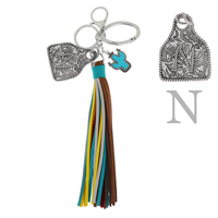 WESTERN MONOGRAM INITIAL COW TAG CACTUS CHARM MULTICOLOR SUEDE TASSEL KEY RING