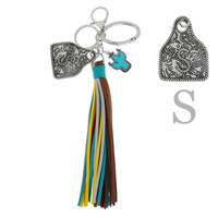 WESTERN MONOGRAM INITIAL COW TAG CACTUS CHARM MULTICOLOR SUEDE TASSEL KEY RING