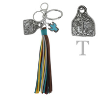 WESTERN MONOGRAM INITIAL COW TAG CACTUS CHARM MULTICOLOR SUEDE TASSEL KEY RING