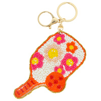 FLORAL PICKLE BALL SEED BEAD KEYCHAIN