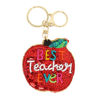 BEST TEACHER EVER BEAD EMBROIDERED APPLE KEYCHAIN