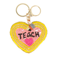 TEACHER LETTERING EMBROIDERED BEAD HEART KEYCHAIN