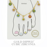 DAISY FLOWER ENAMEL COATED ADJUSTABLE CHARM ANKLET IN YELLOW GOLD AND WHITE GOLD PLATING