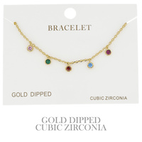 CUBIC ZIRCONIA DISC ADJUSTABLE CHARM BRACELET IN YELLOW GOLD AND WHITE GOLD PLATING