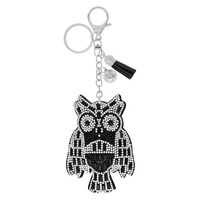 JEWELED OWL BELL CHARM TASSEL KEYCHAIN