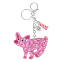 JEWELED PINK PIG BELL CHARM TASSEL KEYCHAIN
