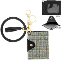 RHINESTONE ID CARD HOLDER POCKET WALLET WITH WRISTLET AND KEYCHAIN