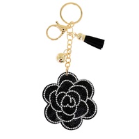 CRYSTAL RHINESTONE PAVE ROSE MULTI CHARM SUEDE FRINGE KEYCHAIN WITH DUAL SPLIT RING AND LOBSTER CLAW CLASP