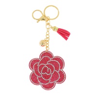 CRYSTAL RHINESTONE PAVE ROSE MULTI CHARM SUEDE FRINGE KEYCHAIN WITH DUAL SPLIT RING AND LOBSTER CLAW CLASP