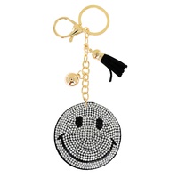 CRYSTAL RHINESTONE PAVE SMILEY FACE MULTI CHARM SUEDE FRINGE KEYCHAIN WITH DUAL SPLIT RING AND LOBSTER CLAW CLASP
