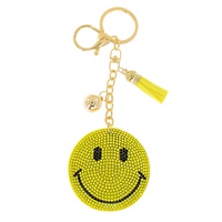 CRYSTAL RHINESTONE PAVE SMILEY FACE MULTI CHARM SUEDE FRINGE KEYCHAIN WITH DUAL SPLIT RING AND LOBSTER CLAW CLASP