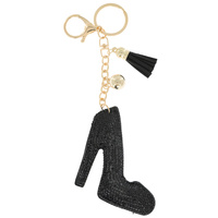 CRYSTAL RHINESTONE PAVE STILETTO PLATFORM PUMPS MULTI CHARM SUEDE FRINGE KEYCHAIN WITH DUAL SPLIT RING AND LOBSTER CLAW CLASP