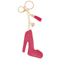 CRYSTAL RHINESTONE PAVE STILETTO PLATFORM PUMPS MULTI CHARM SUEDE FRINGE KEYCHAIN WITH DUAL SPLIT RING AND LOBSTER CLAW CLASP