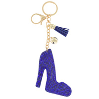CRYSTAL RHINESTONE PAVE STILETTO PLATFORM PUMPS MULTI CHARM SUEDE FRINGE KEYCHAIN WITH DUAL SPLIT RING AND LOBSTER CLAW CLASP