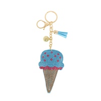 TWO-TONE CRYSTAL RHINESTONE PAVE MULTI CHARM SUEDE FRINGE SPRINKLES ICE CREAM CONE KEYCHAIN WITH DUAL SPLIT RING AND LOBSTER CLA