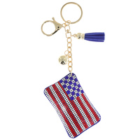 CRYSTAL RHINESTONE PAVE USA AMERICAN FLAG MULTI CHARM SUEDE FRINGE KEYCHAIN WITH DUAL SPLIT RING AND LOBSTER CLAW CLASP