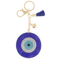 CIRCLE  CRYSTAL RHINESTONE PAVE EVIL EYE TALISMAN MULTI CHARM SUEDE FRINGE KEYCHAIN WITH DUAL SPLIT RING AND LOBSTER CLAW CL