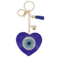 HEART  CRYSTAL RHINESTONE PAVE EVIL EYE TALISMAN MULTI CHARM SUEDE FRINGE KEYCHAIN WITH DUAL SPLIT RING AND LOBSTER CLAW CLASP
