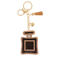 CRYSTAL RHINESTONE PAVE PERFUME BOTTLE MULTI CHARM SUEDE FRINGE KEYCHAIN WITH DUAL SPLIT RING AND LOBSTER CLAW CLASP