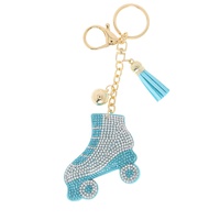 TWO-TONE CRYSTAL RHINESTONE PAVE MULTI CHARM SUEDE FRINGE RETRO ROLLER SKATES KEYCHAIN WITH DUAL SPLIT RING AND LOBSTER CLAW CLA