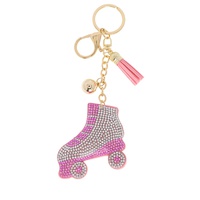 TWO-TONE CRYSTAL RHINESTONE PAVE MULTI CHARM SUEDE FRINGE RETRO ROLLER SKATES KEYCHAIN WITH DUAL SPLIT RING AND LOBSTER CLAW CLA