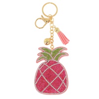 CRYSTAL RHINESTONE PAVE PINEAPPLE MULTI CHARM SUEDE FRINGE KEYCHAIN WITH DUAL SPLIT RING AND LOBSTER CLAW CLASP