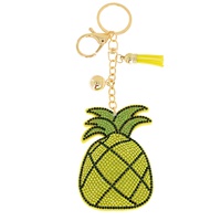 CRYSTAL RHINESTONE PAVE PINEAPPLE MULTI CHARM SUEDE FRINGE KEYCHAIN WITH DUAL SPLIT RING AND LOBSTER CLAW CLASP