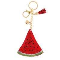 CRYSTAL RHINESTONE PAVE WATERMELON SLICE MULTI CHARM SUEDE FRINGE KEYCHAIN WITH DUAL SPLIT RING AND LOBSTER CLAW CLASP