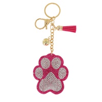 CRYSTAL RHINESTONE PAVE MULTI CHARM SUEDE FRINGE PAW KEYCHAIN WITH DUAL SPLIT RING AND LOBSTER CLAW CLASP