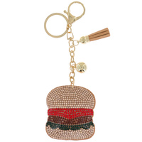HAMBURGER  CRYSTAL RHINESTONE MULTI CHARM SUEDE FRINGE KEYCHAIN