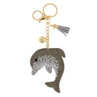 CRYSTAL RHINESTONE PAVE DOLPHIN MULTI CHARM SUEDE FRINGE KEYCHAIN WITH DUAL SPLIT RING AND LOBSTER CLAW CLASP