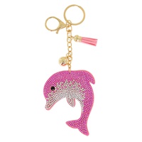 CRYSTAL RHINESTONE PAVE DOLPHIN MULTI CHARM SUEDE FRINGE KEYCHAIN WITH DUAL SPLIT RING AND LOBSTER CLAW CLASP