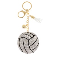 BASEBALL CRYSTAL RHINESTONE PAVE SPORTS MULTI CHARM SUEDE FRINGE KEYCHAIN WITH DUAL SPLIT RING AND LOBSTER CLAW CLASP