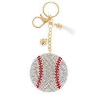 BASEBALL CRYSTAL RHINESTONE PAVE SPORTS MULTI CHARM SUEDE FRINGE KEYCHAIN WITH DUAL SPLIT RING AND LOBSTER CLAW CLASP