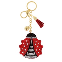CRYSTAL RHINESTONE PAVE LADYBUG MULTI CHARM SUEDE FRINGE KEYCHAIN WITH DUAL SPLIT RING AND LOBSTER CLAW CLASP