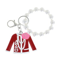 DELTA SIGMA THETA GREEK SORORITY ENAMEL COATED PEARL KEYCHAIN WITH DUAL SPLIT RING AND LOBSTER CLAW CLASP