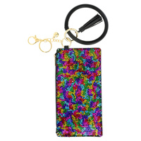 SEQUIN BLING ZIPPER PURSE WITH WRISTLET AND KEYCHAIN