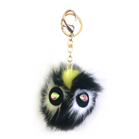 Multi Color Fur Pom Pom Ball With Gem Eyes Keychain Charm Kcy5713Bk
